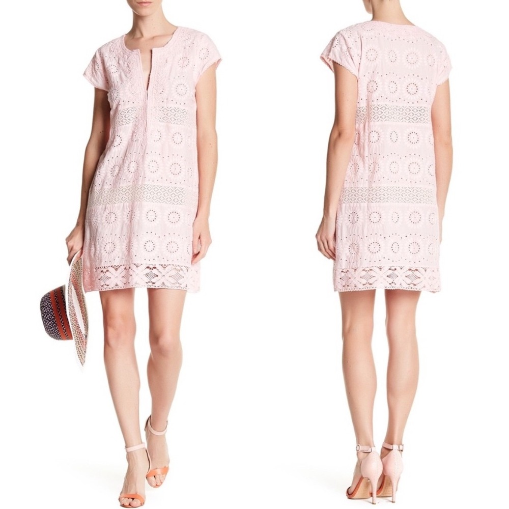 Calypso St Barth Pink Eyelet Cotton Mini Shift Dress Coastal Boho Coquette XS